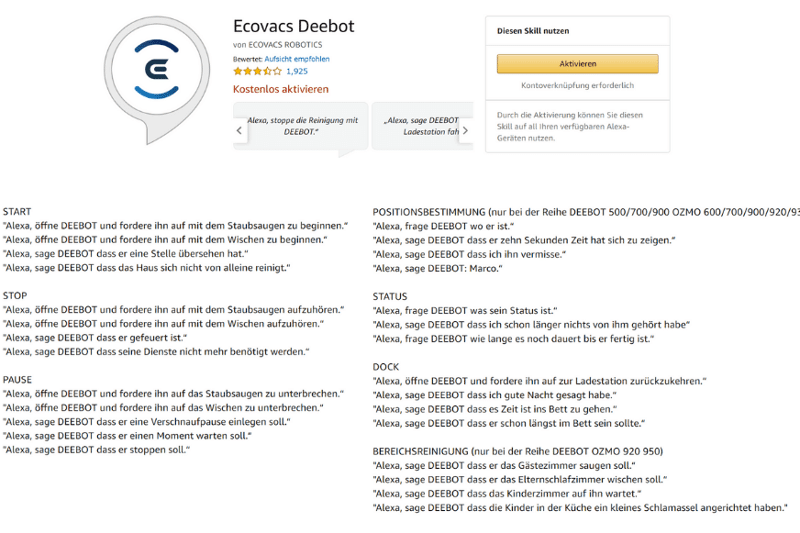 Die Alexa-Sprachbefehlsauswahl des ECOVACS DEEBOT T10 wird übersichtlich aufgelistet.
